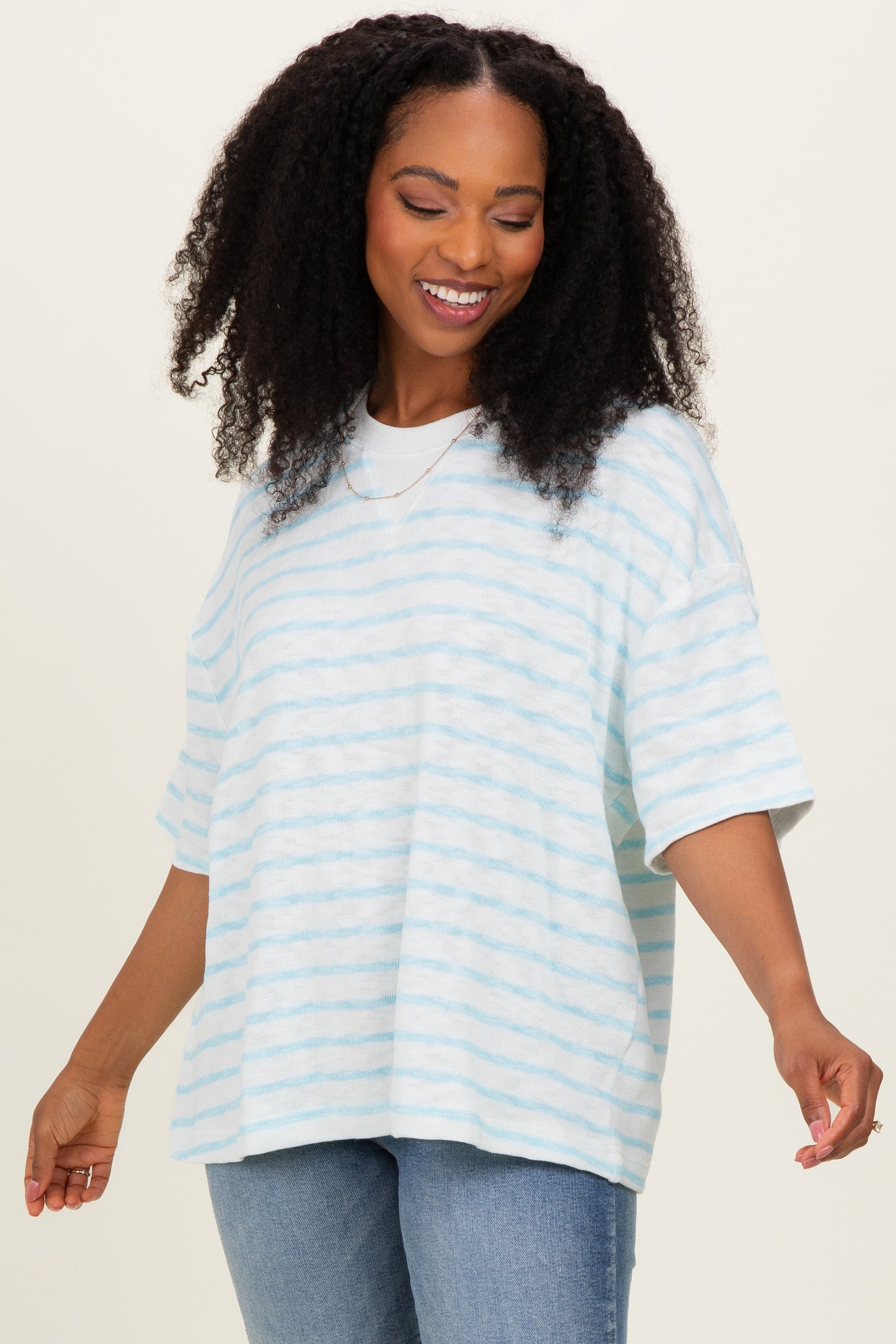 Light Blue Oversized Striped Maternity Short Sleeve Top