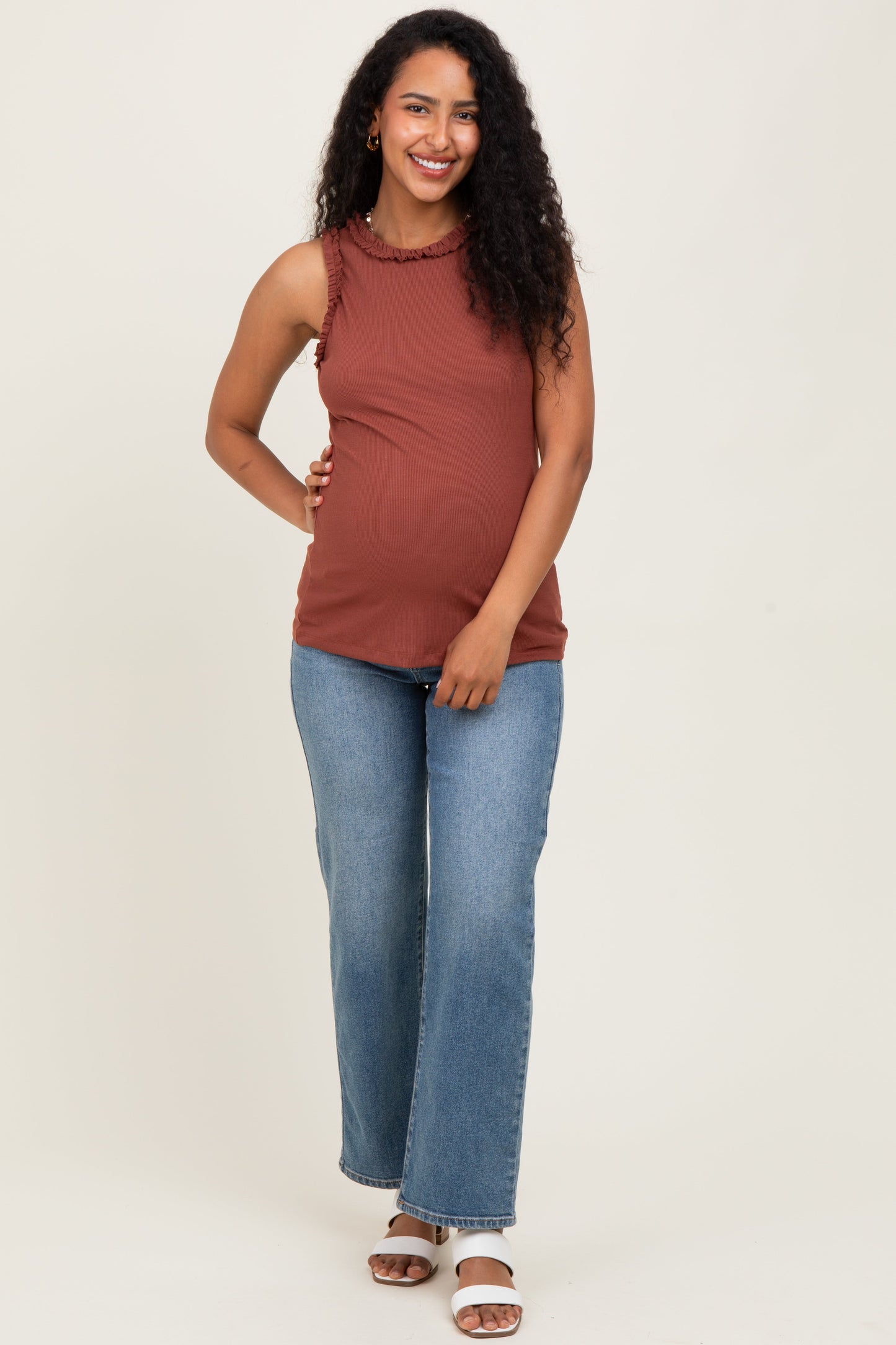 Dark Rust Rib Knit Ruffle Trim Sleeveless Maternity Top