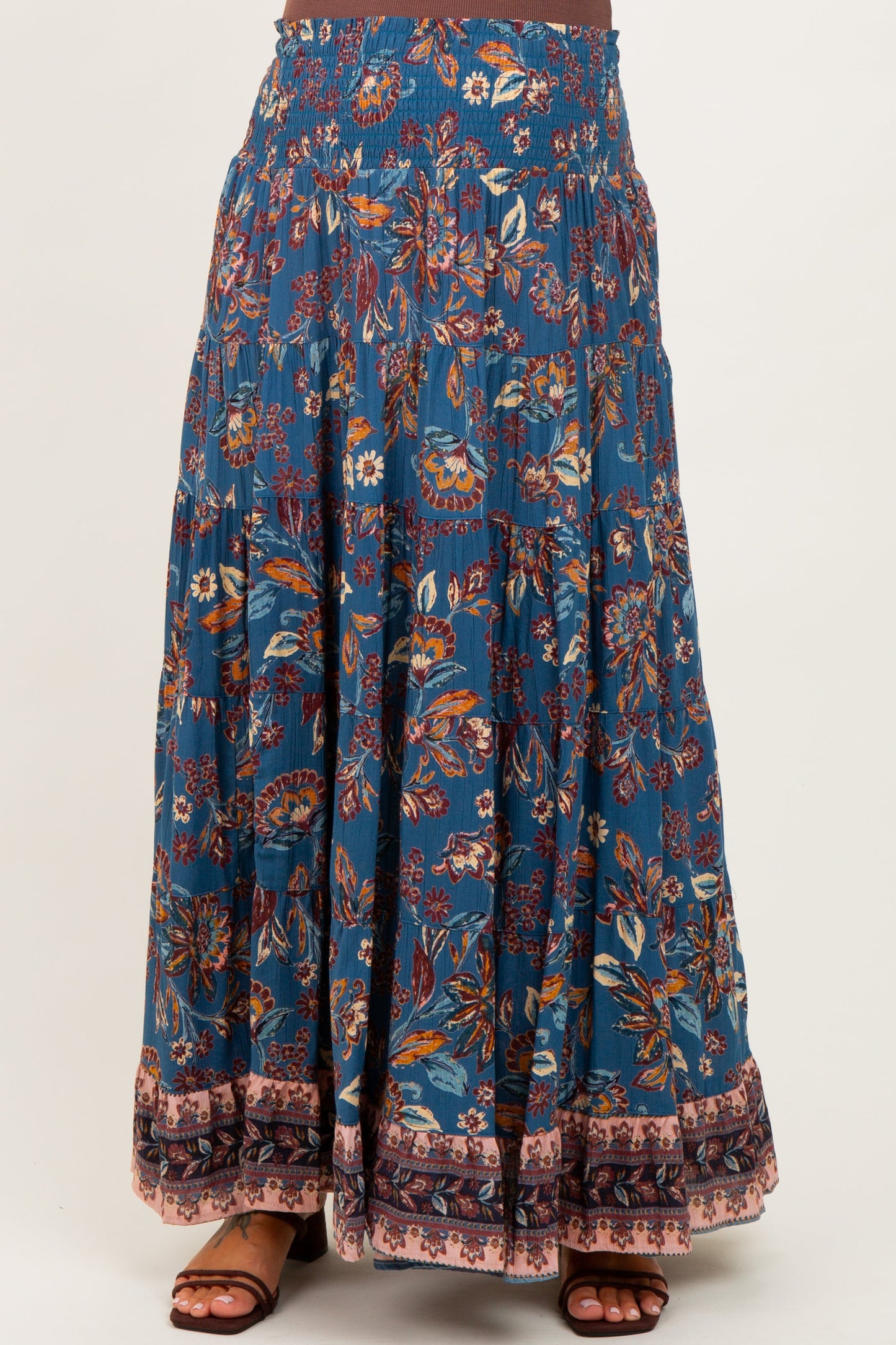 Dark Teal Smocked Waist Tiered Maternity Maxi Skirt