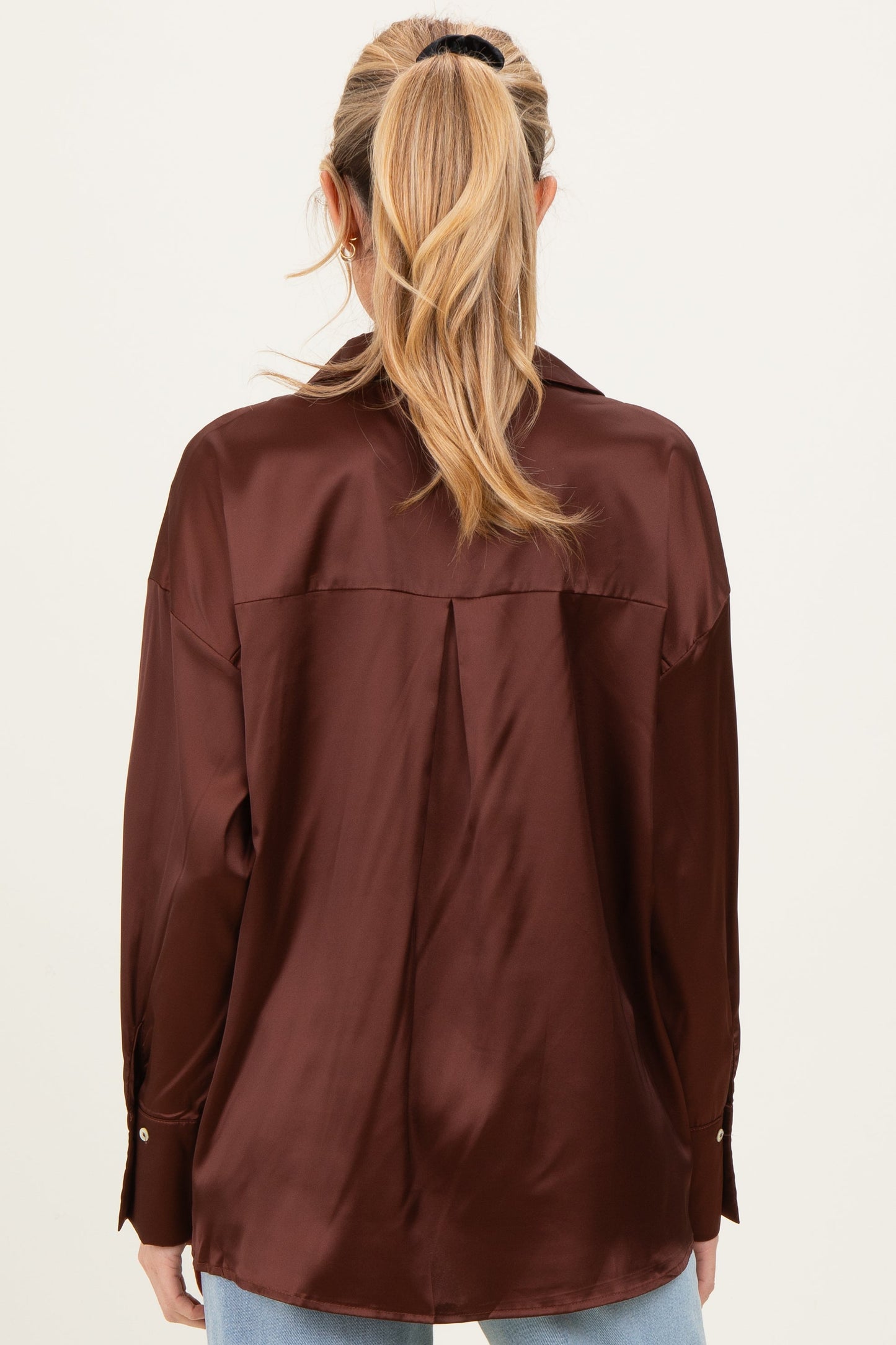 Brown Satin Button Up Maternity Blouse