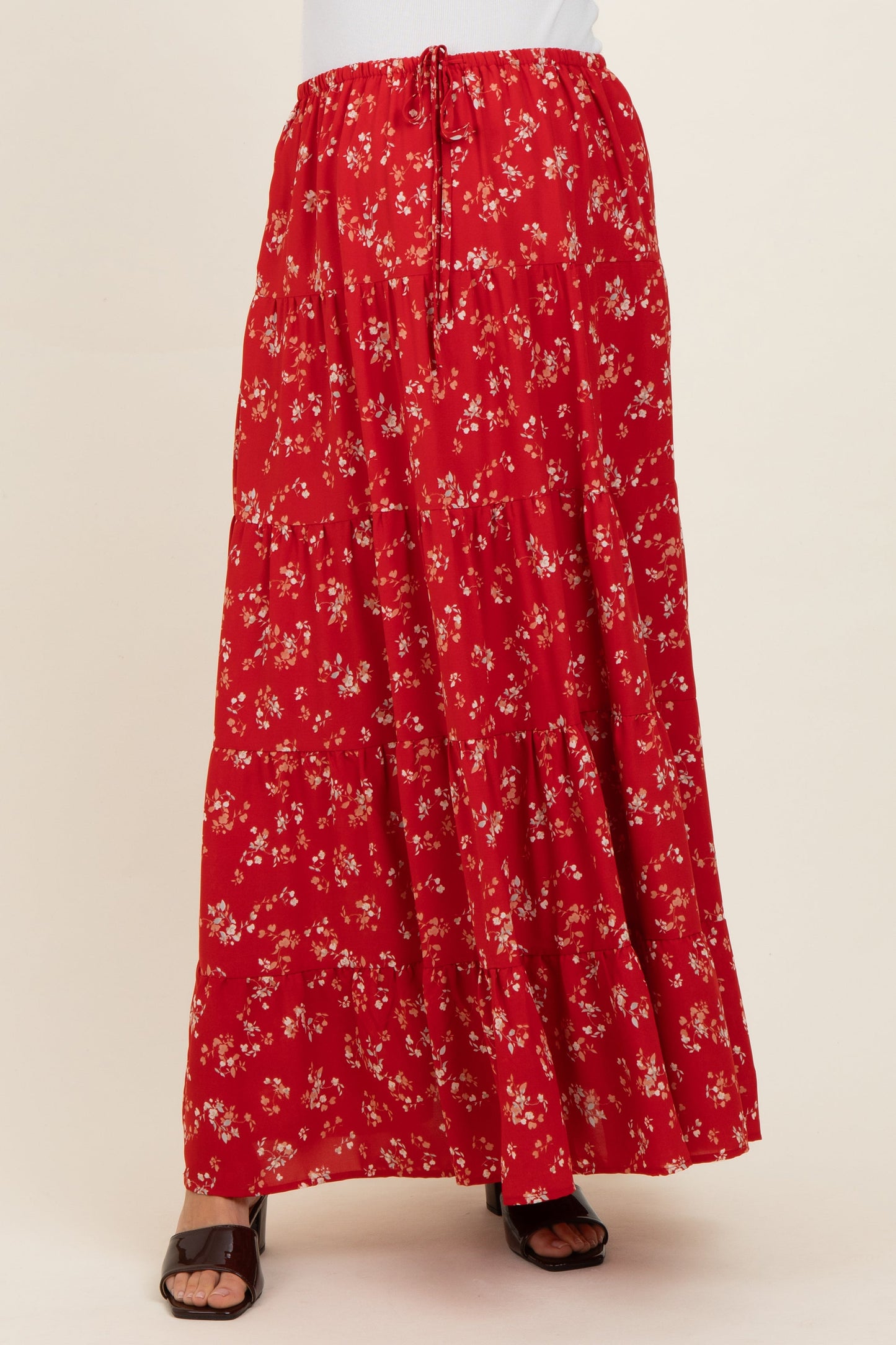 Red Floral Tiered Maternity Maxi Skirt