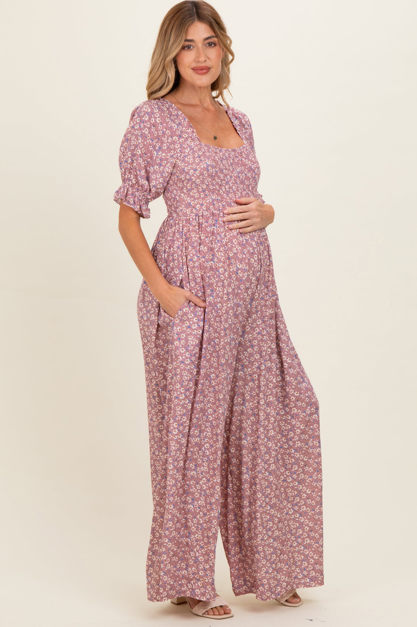 Dusty Pink Floral Wide Leg Maternity Jumpsuit