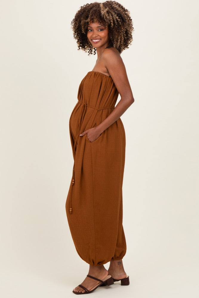 Sepia Strapless Waist Tie Maternity Jumpsuit