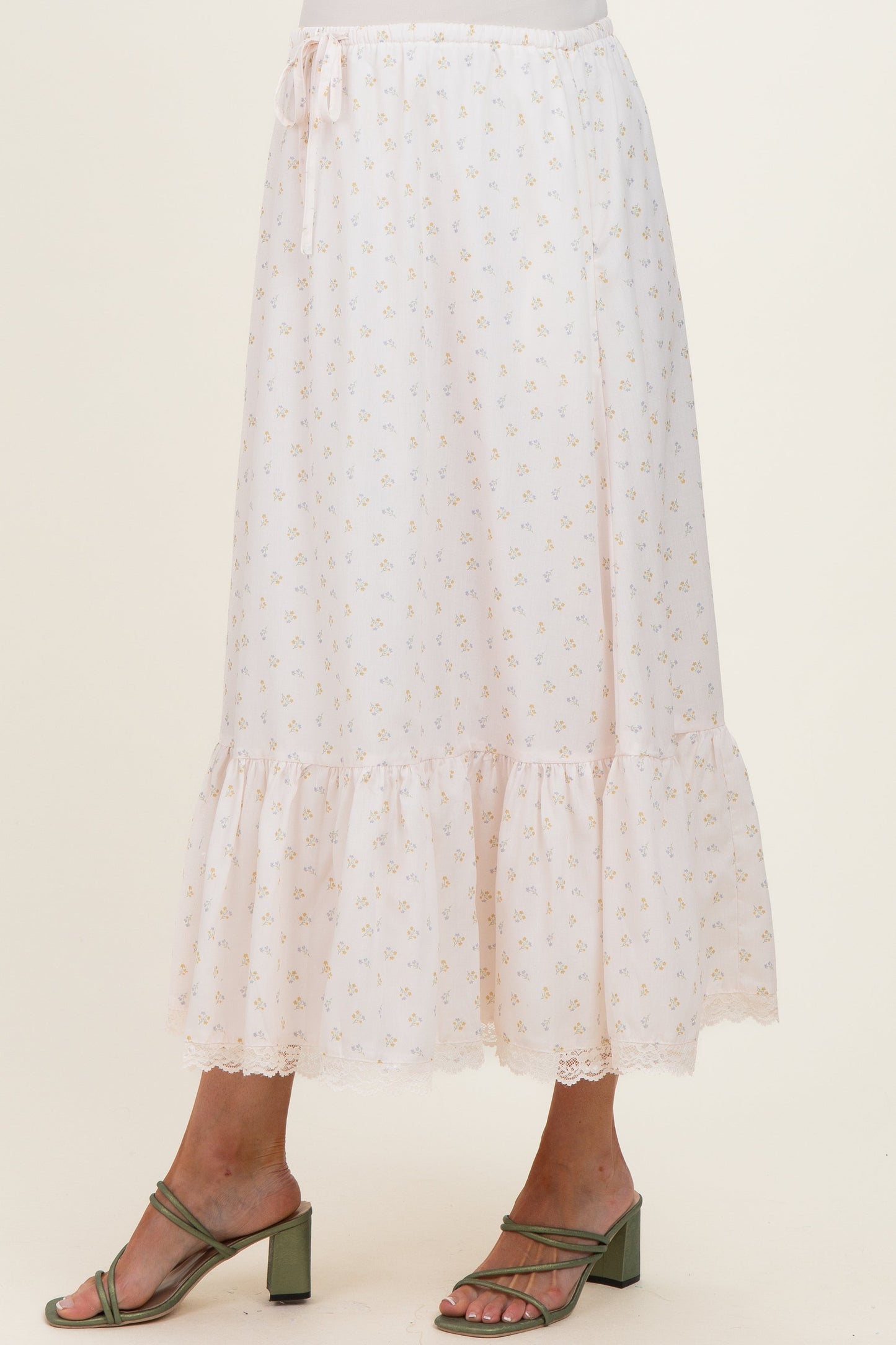 Ivory Print Lace Trim Maternity Midi Skirt