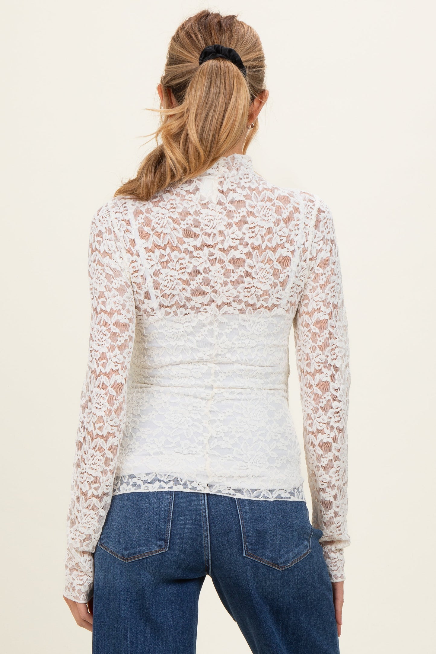 Ivory High Neck Fitted Sheer Lace Maternity Top