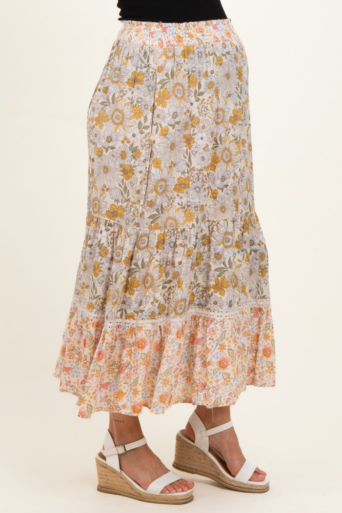 Lemon Mixed Floral Smocked Waist Maternity Maxi Skirt