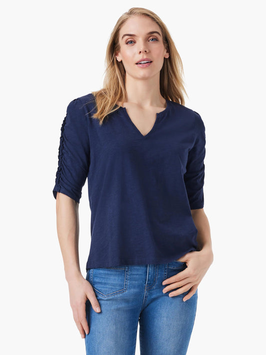 NZT Ruched Elbow Sleeve Split Neck Top