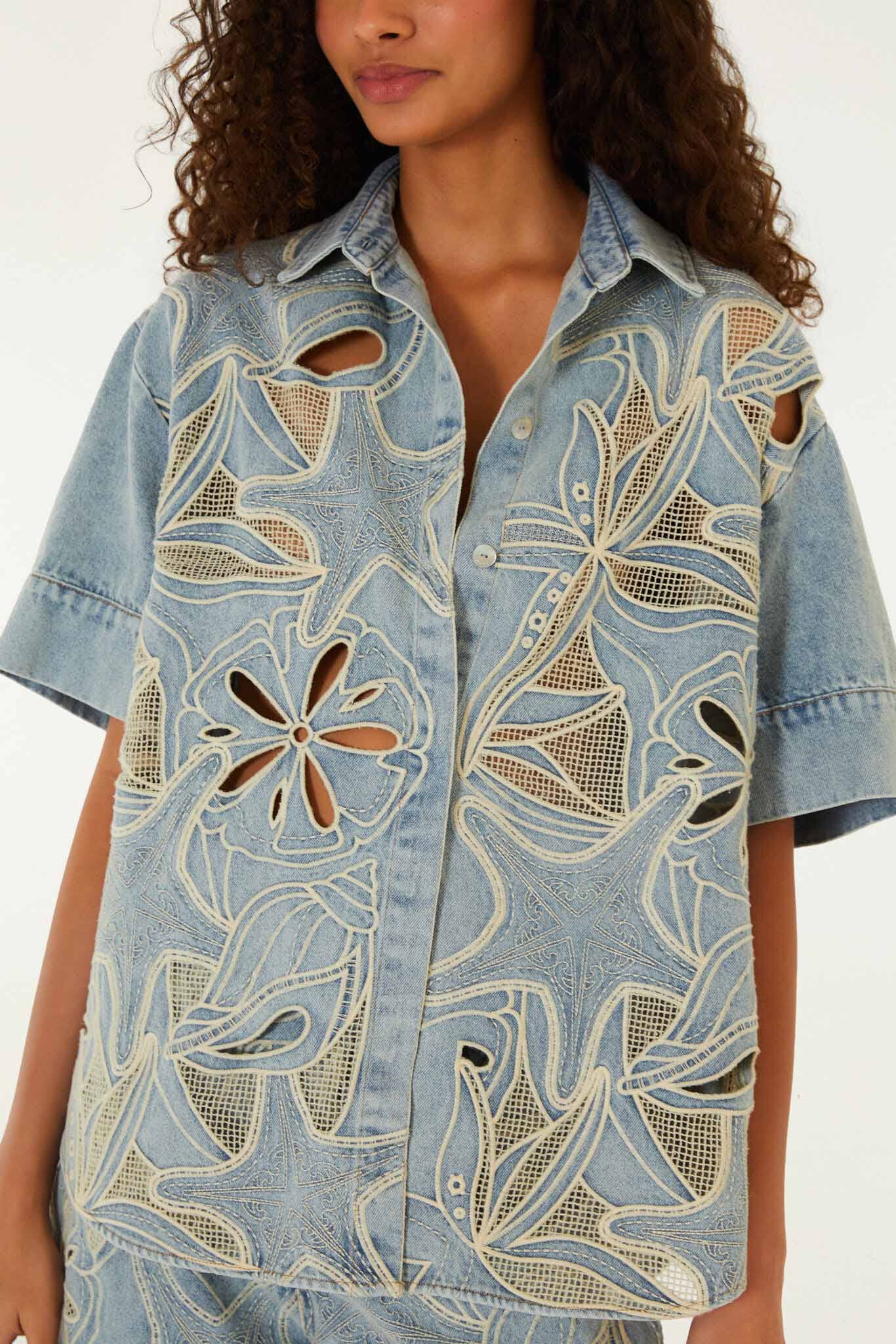 Denim Sea Desire Embroidered Short Sleeve Shirt